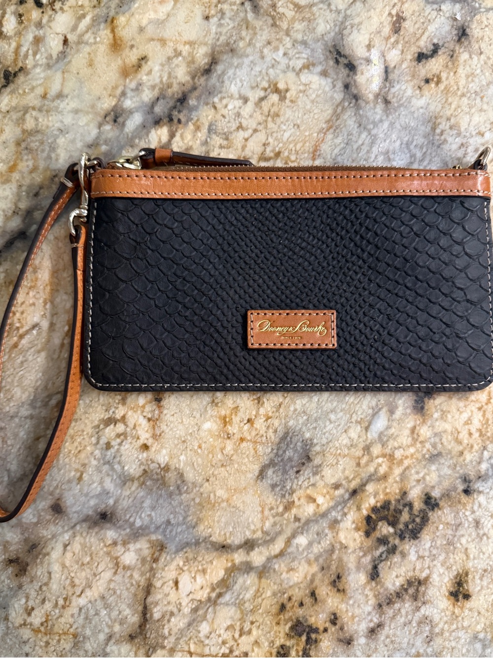Dooney & Bourke wristlet wallet black snake embossed leather tan leather trim